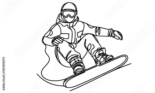 Dynamic Snowboarder in Action - Line Art Illustration, a snowboarder in mid-motion, dressed in winter gear and goggles, gliding down a snowy slope, line art technique captures movement and excitement