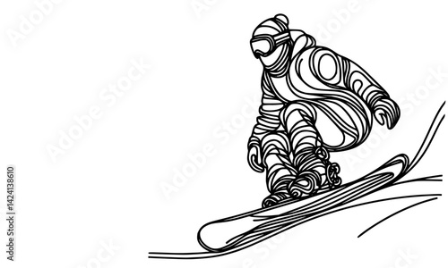 Snowboarder in Action - Dynamic Line Art Illustration, a snowboarder in mid-motion, gliding down a snowy slope with a crouched posture. The fluid, continuous line art captures movement and energy