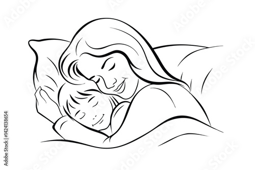 Mother and child sleeping together line art illustration affectionate embrace peaceful rest