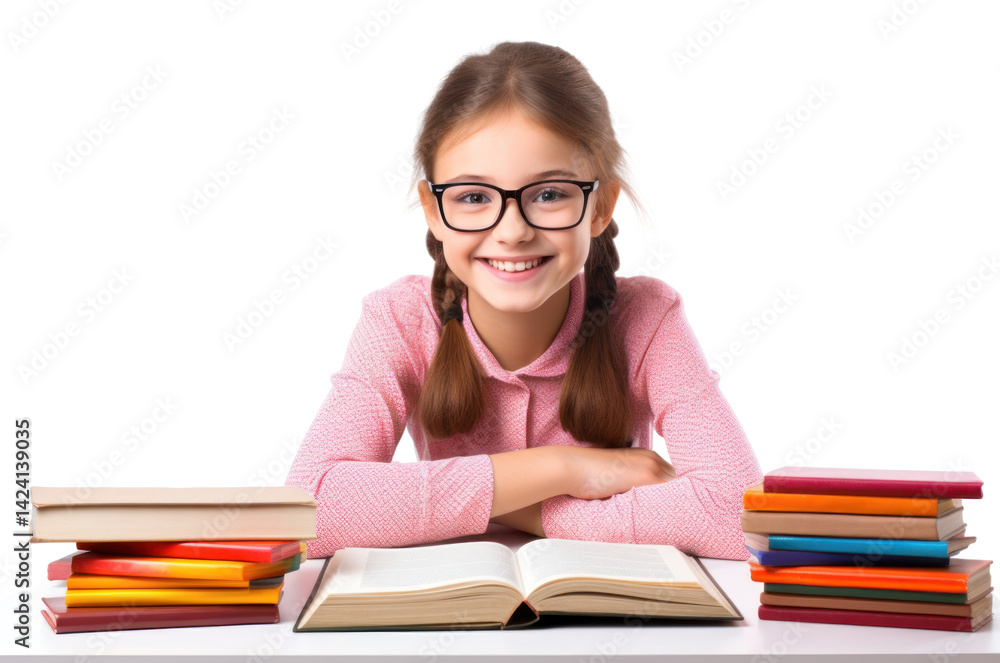 Happy girl studying with books student accessories accessory. Happy girl studying with books student accessories accessory.