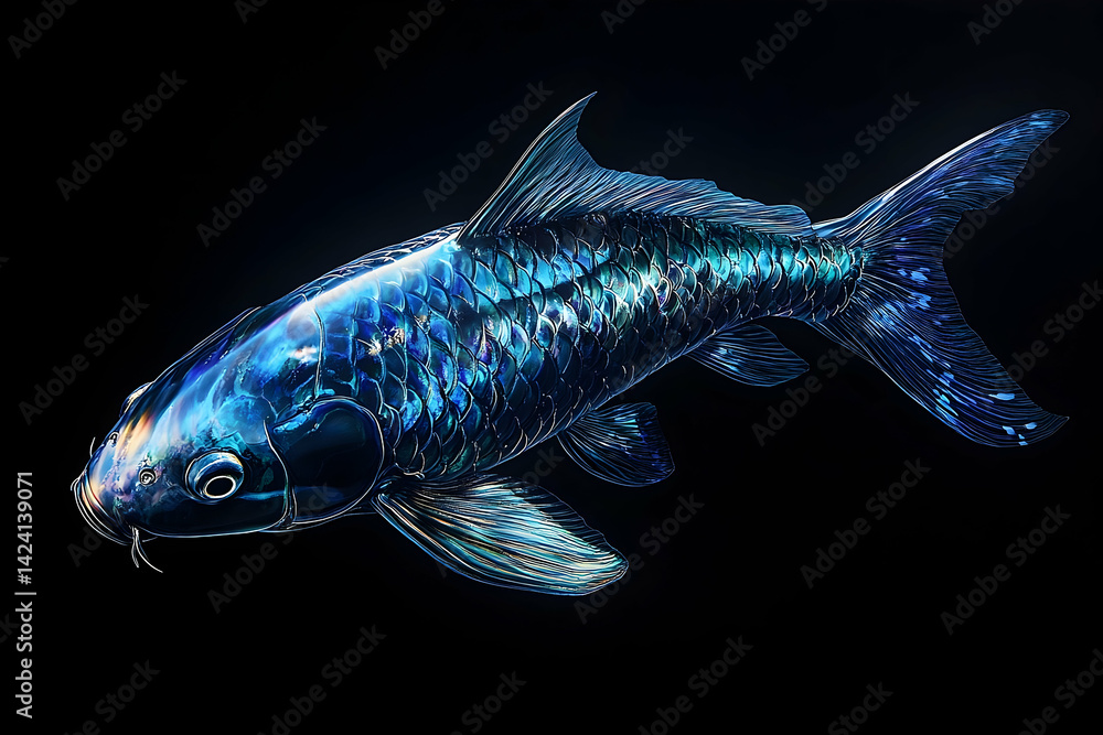 Fototapeta premium Majestic blue koi fish in dramatic lighting.