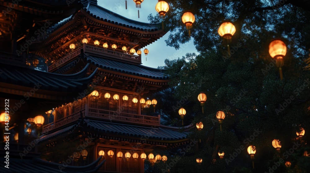 Illuminated temple at twilight, lanterns, serene