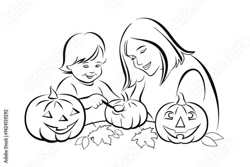 Mother and child carving pumpkins halloween line art illustration vector design