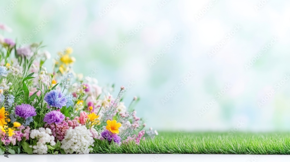 Obraz premium Vibrant spring flowers arranged on a grassy border, soft focus background.