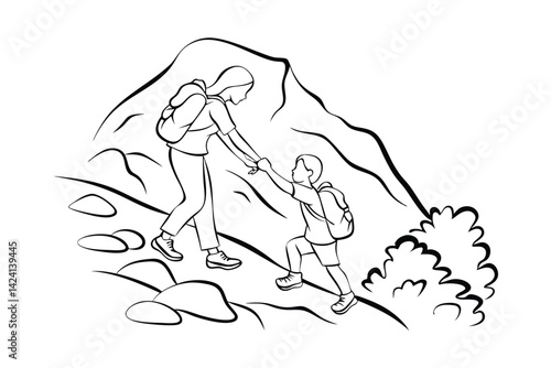 Line art illustration of a mother helping her son hiking up a mountain slope