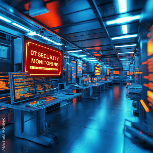 OT security infrastructure monitoring. Industrial cybersecurity. Network protection. 3D alert screen in an operating room with a large glowing display.
