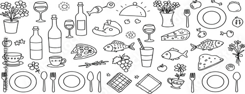 Set of hand drawn whimsical illustrations of food and drinks. Doodle drawings of italian and french food, cocktails, flowers and decor. Coquette line art in vintage style.