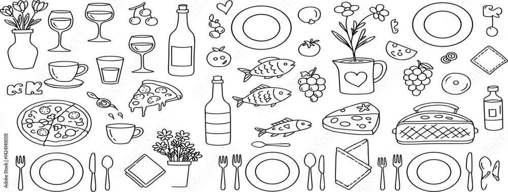 Obraz premium Set of hand drawn whimsical illustrations of food and drinks. Doodle drawings of italian and french food, cocktails, flowers and decor. Coquette line art in vintage style.