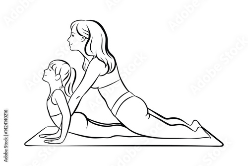 Mother and daughter doing yoga in cobra pose black and white illustration