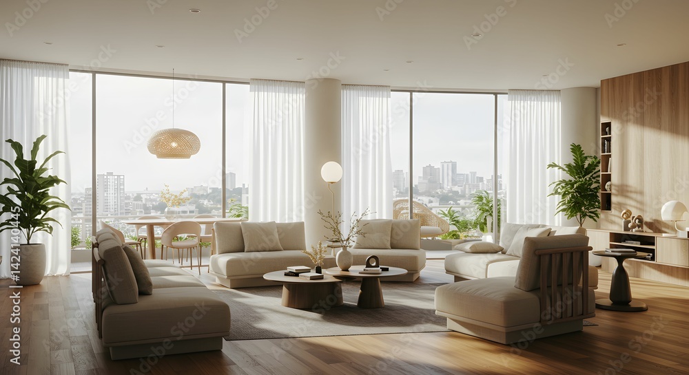 Fototapeta premium Modern Minimalist Living Room Design with Panoramic City Views