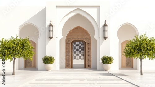 Elegant white architectural facade with arched doorways and detailed wooden entryway. Lush greenery accents the pristine pathway
