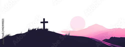 Sparse depiction of a cross rising on a hill, blending simplicity with a striking gradient background of warm colors. Copy space.