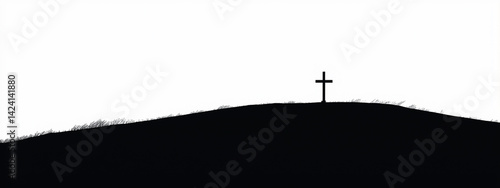 Sparse monochrome depiction of a cross rising on a hill. Copy space,