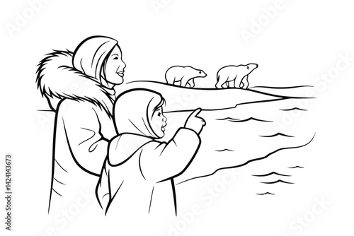 Mother and child watching polar bears in arctic landscape black and white illustration