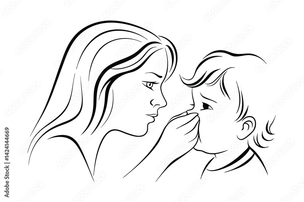 Illustration of a mother comforting her crying child depicting love and affection in black and white Illustration of a mother comforting her crying child depicting love and affection in black and white