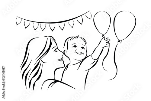 Line art mother and child celebrating with balloons happy occasion and decoration