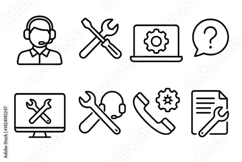 Icons for tech support are depicted in a stroke line style using black and white hues