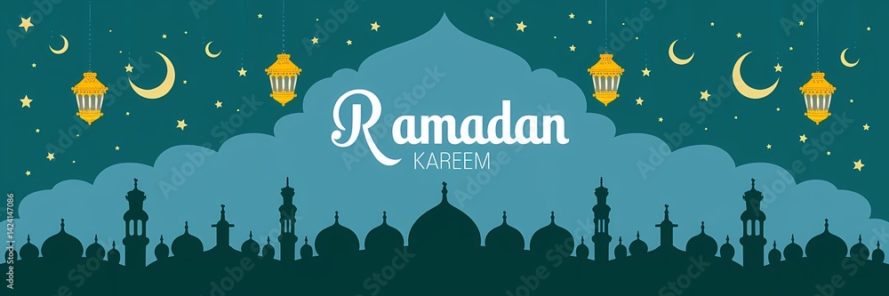 Festive vibrant Ramadan design featuring glowing lanterns crescent moons sparkling stars mosque silhouettes on rich teal background with elegant white Ramadan Kareem typography celebrating holy month Festive vibrant Ramadan design featuring glowing lanterns crescent moons sparkling stars mosque silhouettes on rich teal background with elegant white Ramadan Kareem typography celebrating holy month