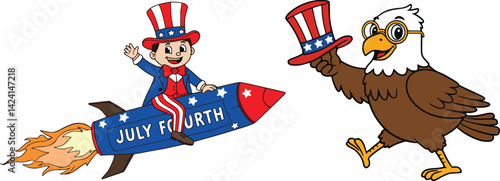 Uncle sam riding a firework rocket with july fourth banner, accompanied by a bald eagle holding a stars-and-stripes hat in patriotic cartoo
