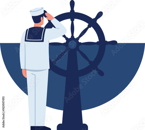 Sailor steering ship wheel in navy uniform vector illustration isolated on white background 