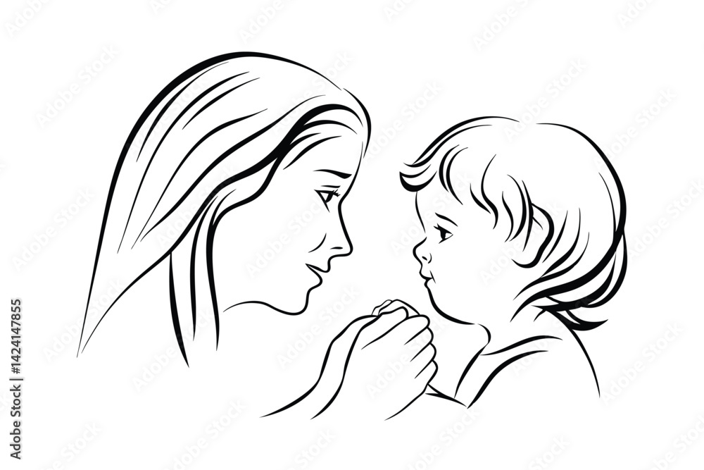 Minimalist outline illustration of mother holding childs hands expressing love and connection Minimalist outline illustration of mother holding childs hands expressing love and connection