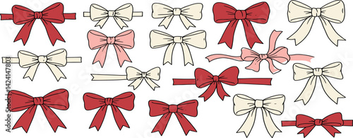 Vector set of cute coquette bows. Pastel pink, white and red elegant ribbons line art illustration. Hand drawn silk tape accessory.