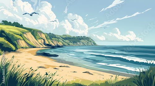 Serene coastal cove secluded sandy beach scenic hills. Obscure Tides. Illustration