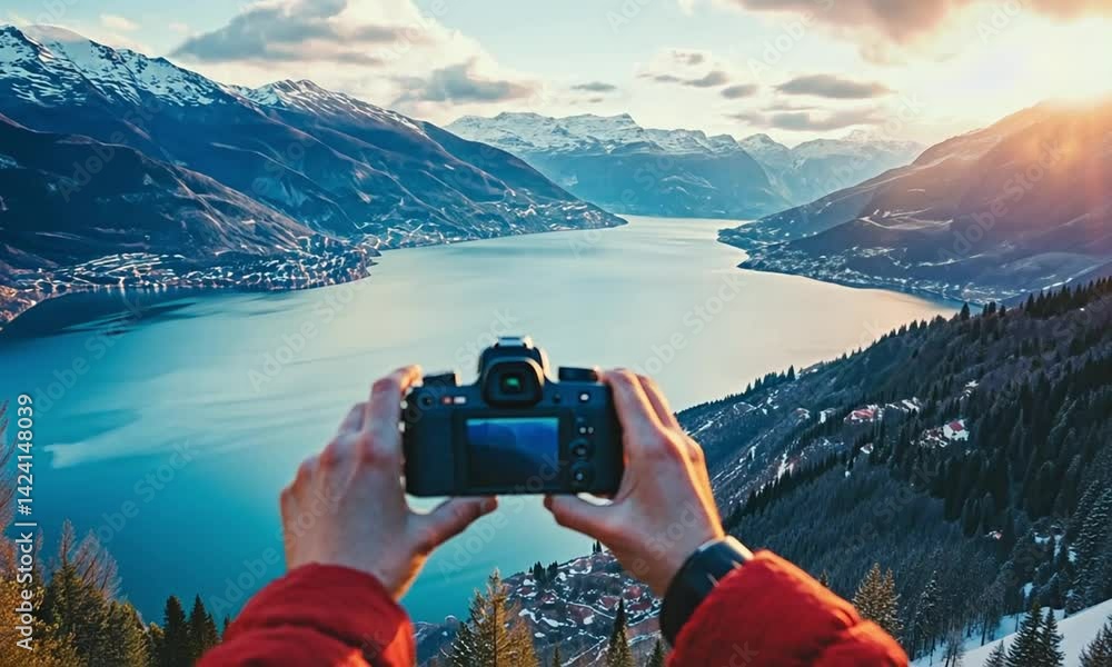photographer taking pictures of mountains and lake