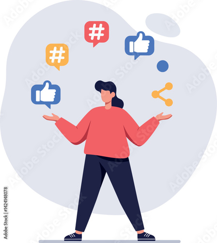 Social media user with colorful icons of likes and shares in flat vector illustration 