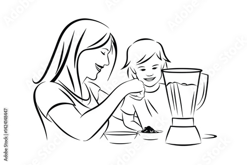 Mother and child prepare healthy smoothie vector illustration in minimalist line art style