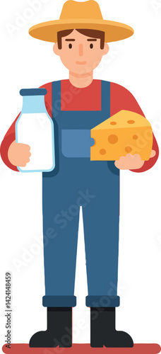 Farmer holding glass bottle of milk and cheese illustration in flat style vector 