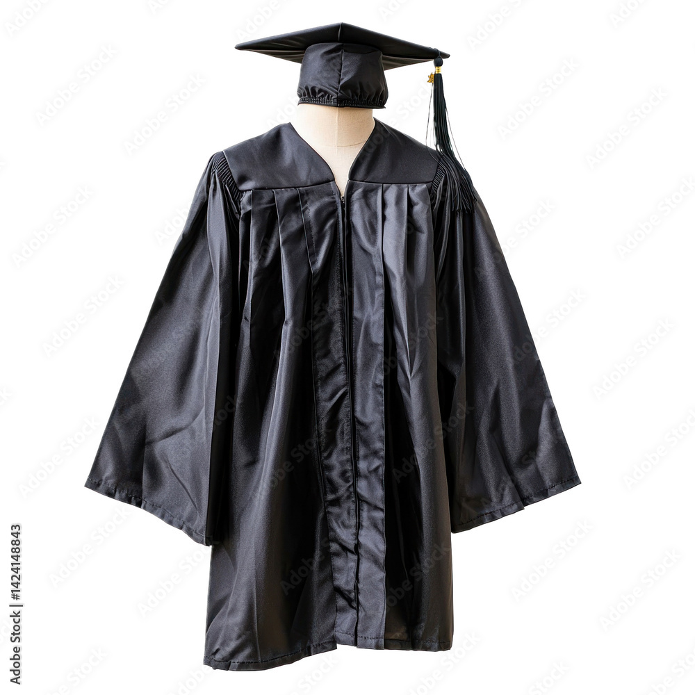 A traditional black grad gown and mortarboard on a transparency background A traditional black grad gown and mortarboard on a transparency background