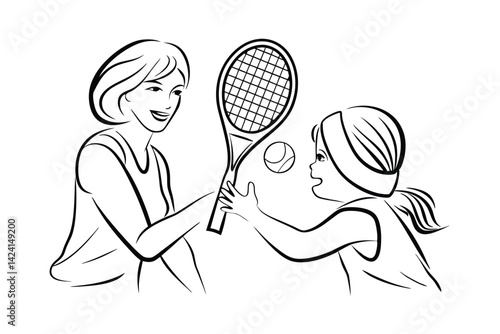 Mother teaching daughter tennis outline illustration sport activity family time black and white vector