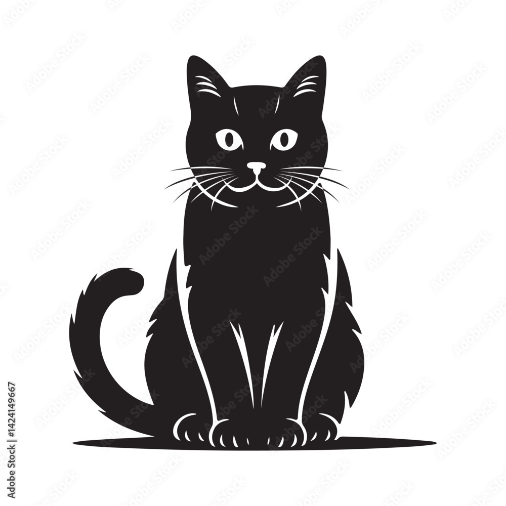 Fototapeta premium Silhouette of a Sitting Black Cat with Expressive Eyes illustration vector.