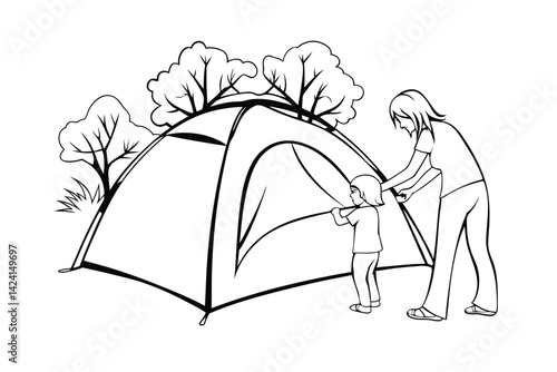 Mother and daughter setting up tent together in a campground illustration