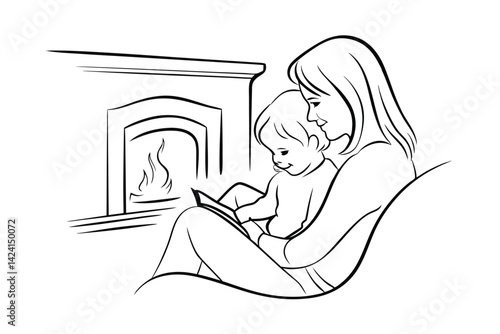 Line art of mother and child reading a book by the fireplace together
