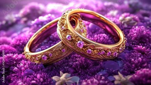 Wallpaper Mural Ornate Gold Rings with Amethyst Accents on Purple Flowers Torontodigital.ca