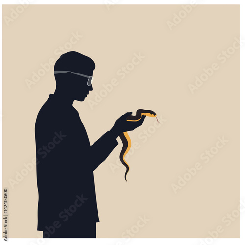 Silhouette of Man Holding Snake Vector Illustration with Beige Background and Orange Accent 