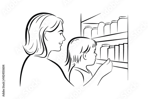 Mother and daughter shopping together in supermarket aisle vector illustration
