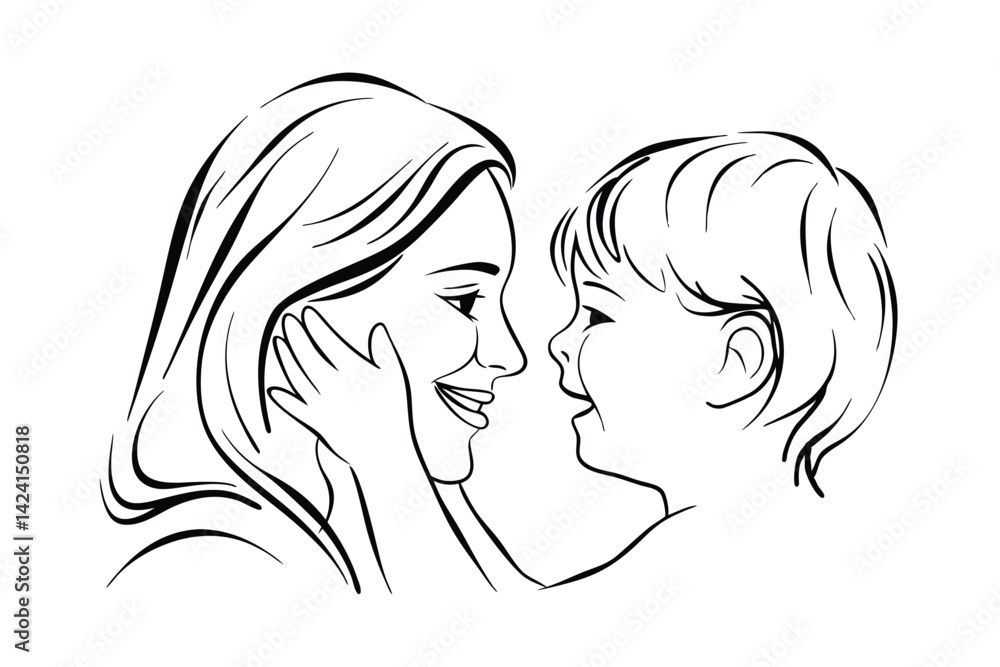 Loving mother touching childs face with affectionate gaze outline vector illustration Loving mother touching childs face with affectionate gaze outline vector illustration
