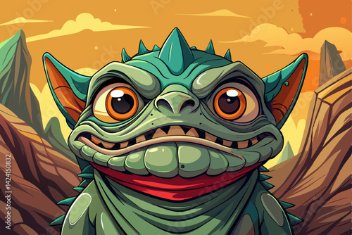 Funny cartoon monster with big eyes Comic halloween joyful monster character Funny devil, ugly alien and smile creature vector illustration