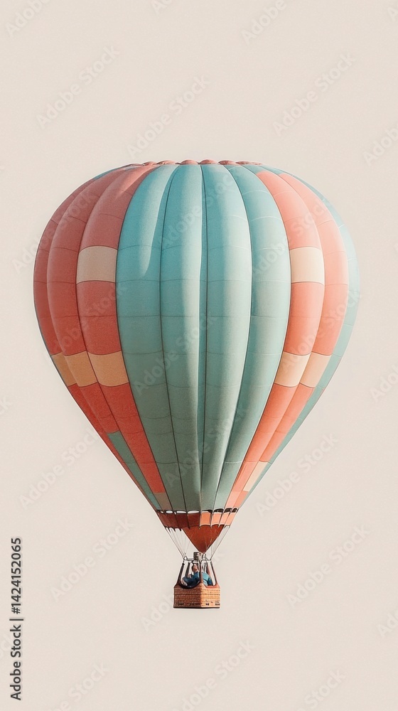 Fototapeta premium Colorful hot air balloon floating in clear sky du daytime with detailed fabric panels and basket, peaceful outdoor scene captu adventure and travel