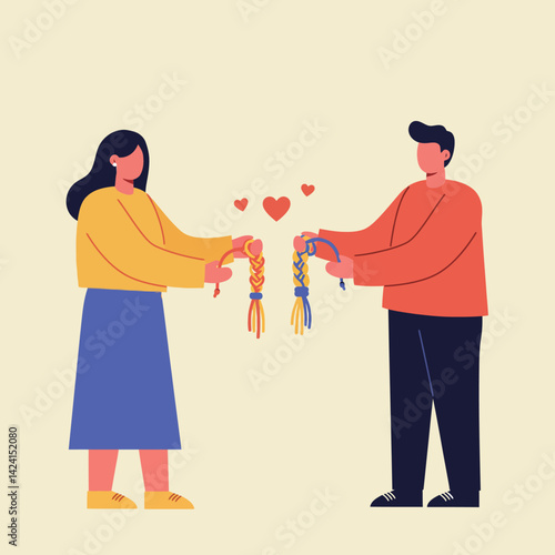 Couple exchanging friendship bracelets with hearts simple vector illustration 