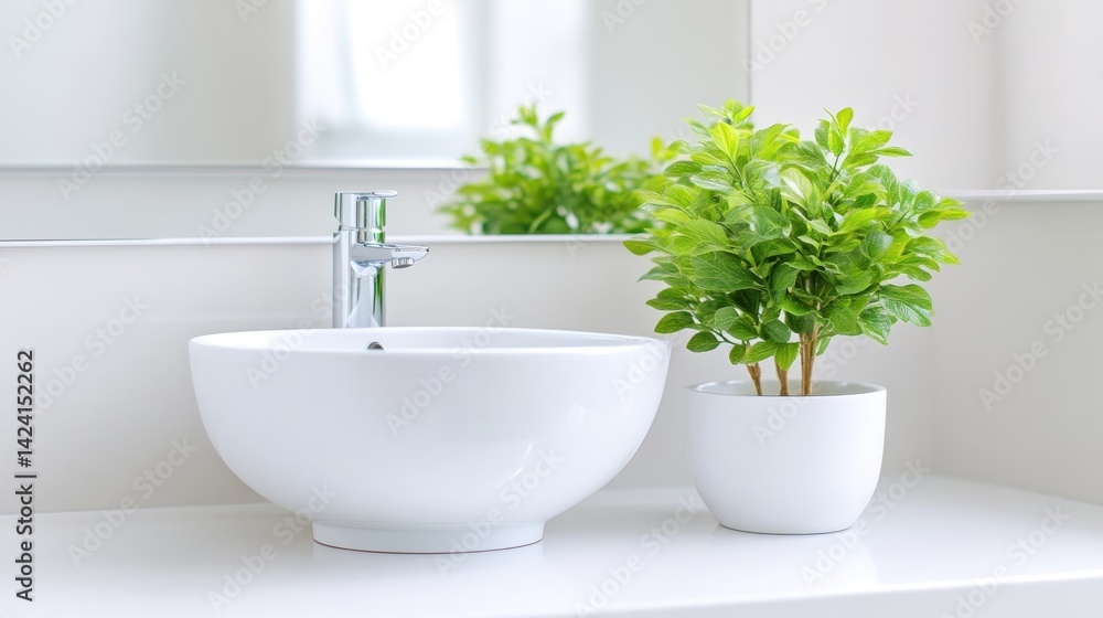 Modern bathroom sink with a small potted plant, reflecting in the mirror. Modern bathroom sink with a small potted plant, reflecting in the mirror.