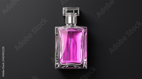 A clear glass perfume bottle with a pink liquid inside.
