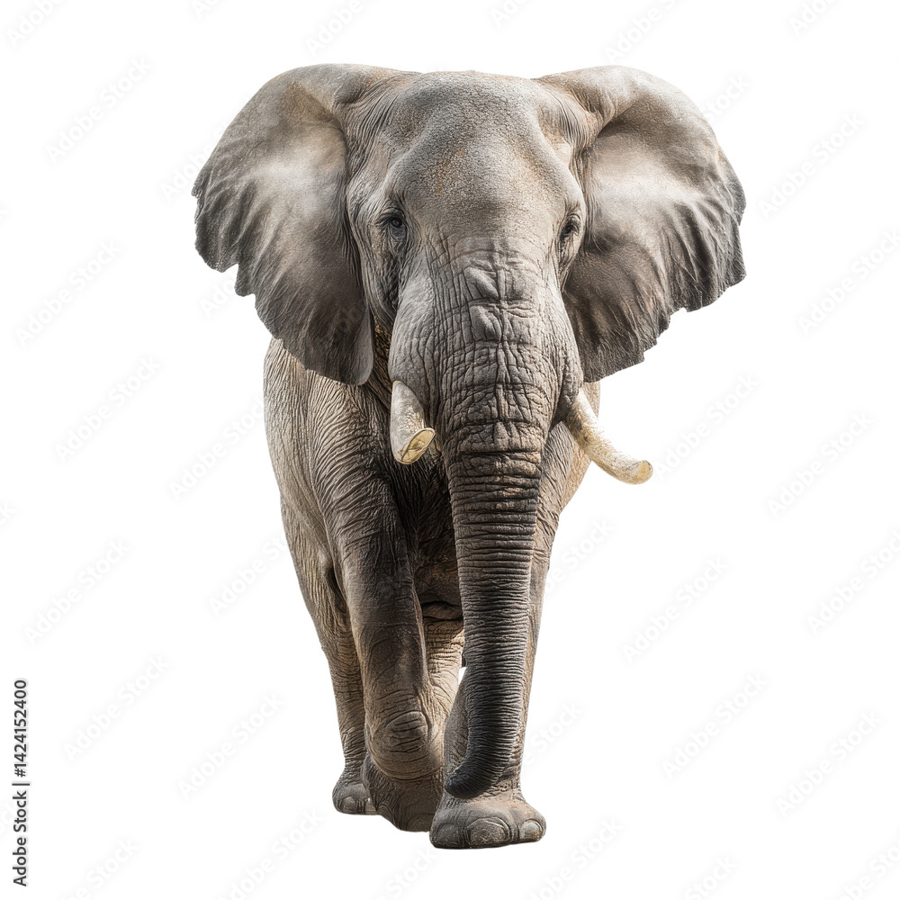 Obraz premium A majestic elephant walks forward, showcasing its large ears, tusks, and textured skin.