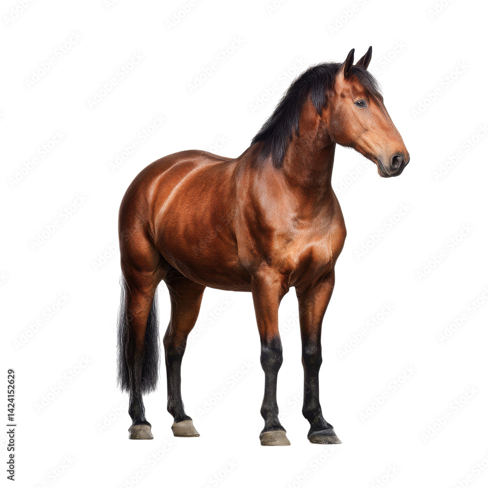Naklejka premium A strong, majestic brown horse stands confidently, showcasing its muscular build and shiny coat.