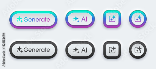 Set of generative AI buttons. Generate buttons have neon light. Active and inactive buttons with generated icons. Neumorphism design style for apps, websites, and Interfaces. Vector illustration.