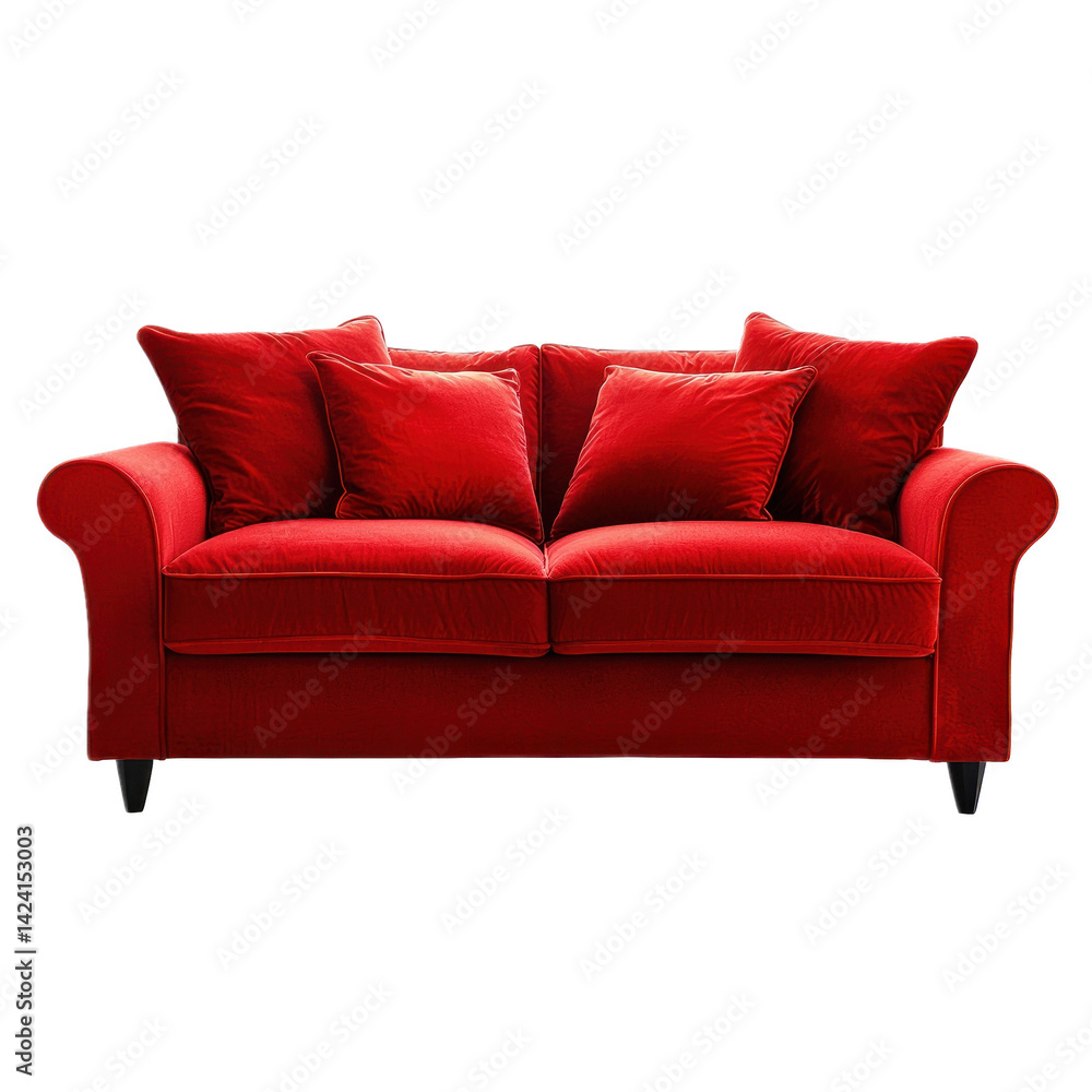 A stylish red couch with soft cushions, set against a transparency background A stylish red couch with soft cushions, set against a transparency background