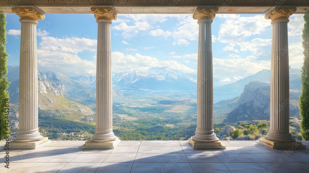 Fototapeta premium Ancient colonnade overlooking majestic mountains. Lush landscape stretches beneath a bright sky, framed by towering columns